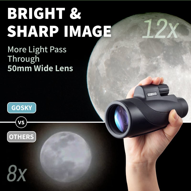 Gosky Titan 12X50 Monocular Telescope with Smartphone Holder - Waterproof Fog-Proof Shockproof Scope BAK-4 Prism FMC for Bird Watching Hunting Camping Traveling Wildlife Scenery - Image 4